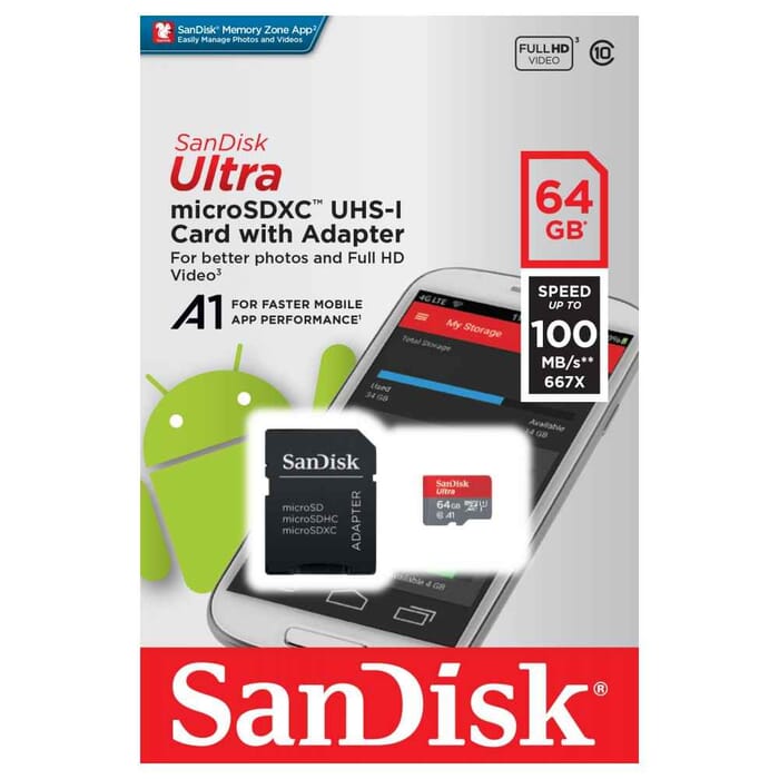 Micro SDXC 64GB Speicherkarte Sandisk Ultra A1 CLass 10 inkl. Adapter