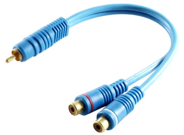 Kabel Cinchstecker auf 2 Cinchkupplung doppelt geschirmt blau 0,2m