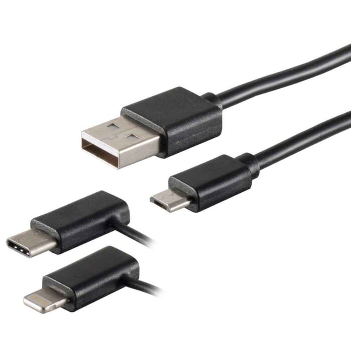 3in1 USB Lade Sync Kabel USB A Stecker auf USB Micro B + USB Typ C + 8-pin Stecker weiß schwarz 1m 2m