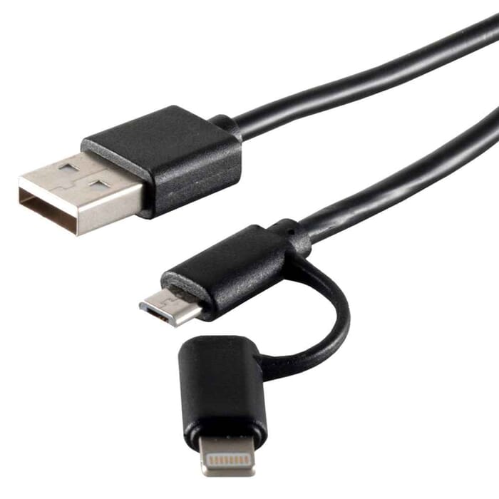 USB Lade Sync Kabel 2in1 USB 2.0 Stecker A zu Micro USB Stecker B + 8 pin Stecker 1m schwarz