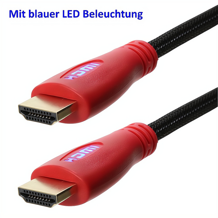 High Speed HDMI™ Kabel mit Ethernet 4K UHD 3D Rot mit blauen LEDs 0,5m - 7,5m