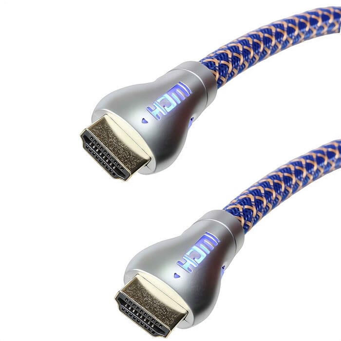 High Speed HDMI™ Kabel mit Ethernet 4K UHD 3D Gold/Blau mit blauen LEDs 0,5m - 7,5m