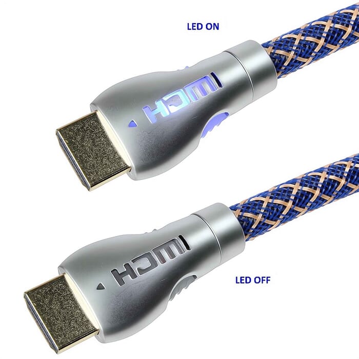 High Speed HDMI™ Kabel mit Ethernet 4K UHD 3D Gold/Blau mit blauen LEDs 0,5m - 7,5m