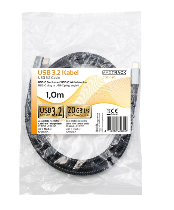 USB C 3.2 Kabel mit E-Marker Chip - Winkelstecker 
